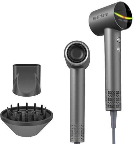 Healthkeep Föhn Negativen Ionen mit diffusor, Hochgeschwindigkeits Luftkanal 200-Million Ionen-Haartrockner von 110.000 U/min, leise Fön(<78 dB) 1600W Haarföhn Schnelltrocknung mit 2 aufsätz Styling