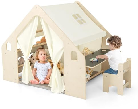 DREAMADE Kinderzelt für Drinnen mit Matte und Kindertisch & Stuhl Set und Aufbewahtungsbox, Spielzelt Kinderspielhaus, Indoor Spielhaus aus Holz für Kinder ab 2 Jahren (Groß mit 6 Boxen)