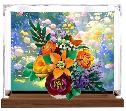 Acrylic Display case, Compatible with Lego 10345 Secret Flowerbed Toys Set,Dustproof, Storage Box, Transparent Case ,Compatible with 10345 (Display Box only, kit not Included) (Wooden Back Spray)