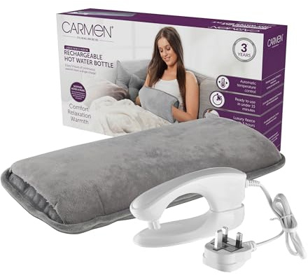 Carmen Large Rechargeable Hot Water Bottle, Soft Touch Fleece Cover, Hand Warmer, Automatic Temperature Control, W36cm x H19cm, Grey