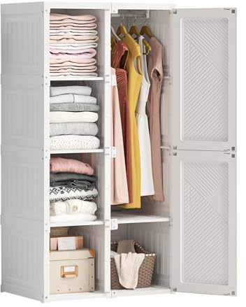 Kleiderschrank, Einfache Montage 69x136x50cm(B/H/T), Faltbarer Mehrzweckschrank mit 2 Magnetische Türen, Stange, 4 Einlageböden, Schlafzimmerschrank Aktenschrank Weiss für Wohnzimmer Schlafzimmer