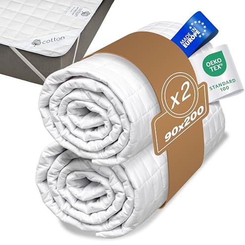FAM Home Matratzenschoner 90x200cm Matratzenauflage & Matratzenschutz 2er | Matratzenschoner: Anti-Milben Bezug | Baumwolle-Polyester Weiß. Hygienisch, atmungsaktiv & pflegeleicht. (Packung mit 2)