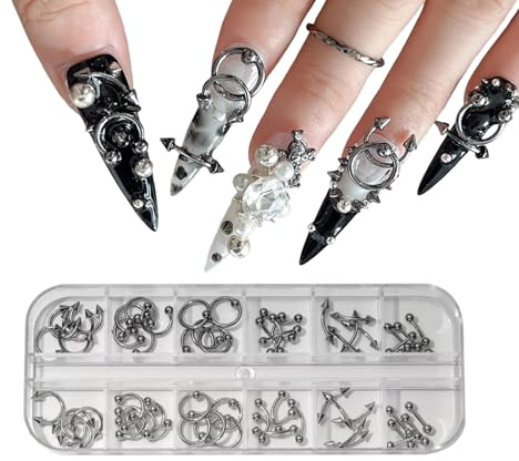Auroriel 60 Pièces Embouts de Design d'Ongles 3D Argent Alliage Goth Punk Décoration d'Ongles Argent Gris Cônes Clous Anneaux en Métal Alliage Clous en Tête Bijoux pour F