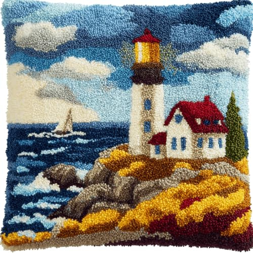 Taxpy Knüpfkissen-Set,Strickset-Kissen,Tasse Teppich-Set Für Anfänger,Knüpfset Für Anfänger,Erwachsene Oder Kinder,Knüpfset Leuchttürme 43 X 43 Cm