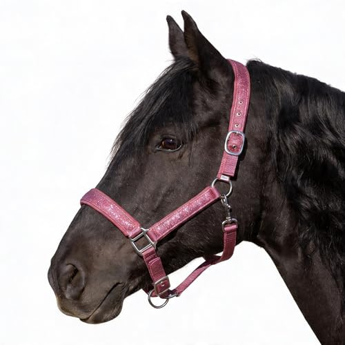 Pferdelinis Halfter für Pferde Glitzerhalfter, gepolstertes Halfter, verstellbare Dornschnallen, Halfter Pony, Cob, Warmblut, Shetty (Pink, Warmblut)