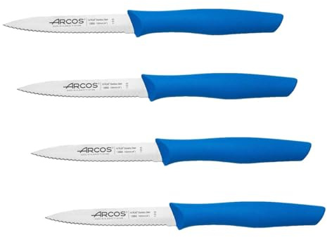 Arcos Serie Nova - Cuchillo Mondador - Hoja Serrada de Acero Inoxidable de 100 mm - Mango de Polipropileno Color azul (Paquete de 4)