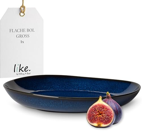 Villeroy & Boch like. by Lave bleu Schale flach, 28 x 27 x 4,3 cm, schöne Schale aus Steingut für Beilagen und größere Gerichte, spülmaschinenfest