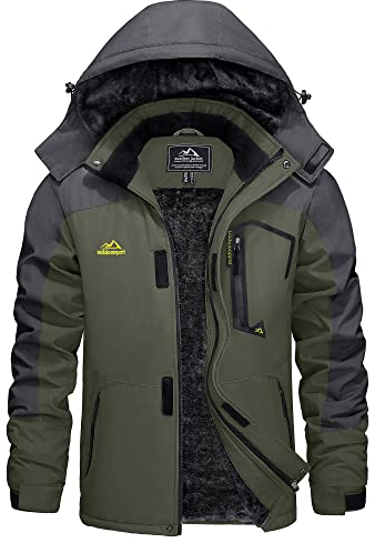 KEFITEVD Winterjacke Herren Skijacke mit Kapuze Warme Jacke Übergangsjacke Gefüttert Arbeitsjacke mit Multi Taschen Dicke Hardshelljacke Männer Kurz Parka Winter Dunkeloliv 2XL