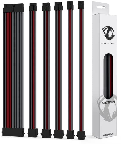 Reaper Cable Sleeved PSU Extension Set - Power Supply Extensions With Combs - 24 Pin, 8 Pin, 6 Pin, 4+4 Pin - 30cm (Carbon & Dark Red)
