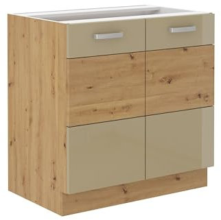 Unterschrank 80 cm Eiche Artisan + Cappuccino Hochglanz Küchenzeile Küchenblock