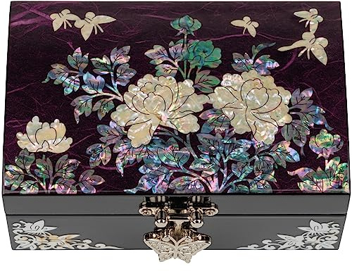 February Mountain Mother-of-Pearl Jewelry Box – Elegant Purple Lacquered Keepsake with Peony & Butterfly Design, Red Velvet Interior – Christmas, Birthday Gift, Unique Jewelry Organizer for Women