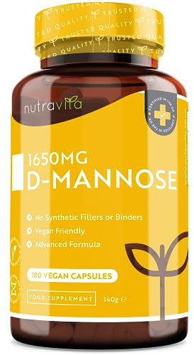 D-Mannose 1650mg High Strength Capsules – 180 Vegan Friendly Capsules (Not Tablets) – 100% Natural Premium D Mannose Supplement – Made in The UK by Nutravita