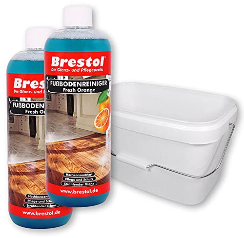 BRESTOL® Bodenreiniger Orangenfrische 2x 1 L + Eimer 10 L - Konzentrat für 500 Anwendungen - Kraftvolle Reinigung & Frischer Duft für Fliesen Laminat Parkett Steinböden PVC Linoleum uvm.