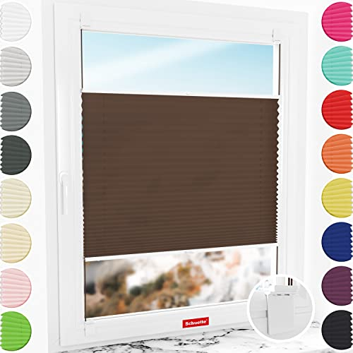 Schuette® Plissee ohne Bohren zum Kleben ● Premium Kollektion: Hot Chocolate (Dunkelbraun) ● 160x230cm (Breite x Höhe) ● Suprafix Klebe- & Schraubhalter 2in1 Set Letsbond ● Bequeme Rollo