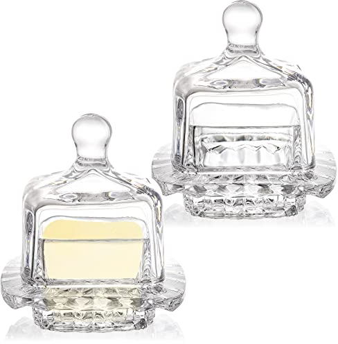 Frcctre 2 Pack Glass Butter Dish with Dome Lid, Small Glass Butter Keeper, Clear Covered Butter Serving Dish Decorative Crystal Mini Butter Container Butter Cloche