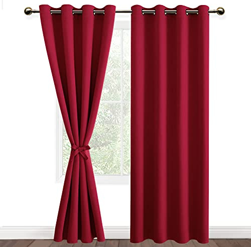 DWCN Gardinen Blickdicht Verdunkelungsvorhang mit Ösen Vorhänge Wohnzimmer | Rot, 245x140cm(HxB), Gardinen mit Ösen 2 Stücke Vorhang-Krawatten, Wärmeisolierende Ösenvorhang Thermo Vorhang