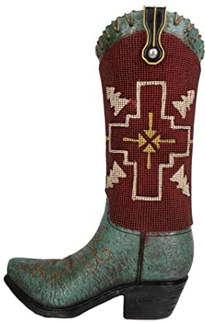 Ebros Gift Rustic Western Country Green and Red Tribal Indian Vector Arrows Cross Faux Tooled Leather Cowgirl Cowboy Boot Decorative Flower Bouquet Vase Or Planter Figurine 14 H Southwestern Accent