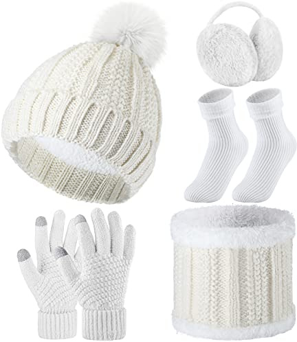 SATINIOR 5-pack vinter varm mössa och handskar set stickad halsduk mössa pompom hatt vinter öronvärmare skidöronmuffar strumpor för kvinnor