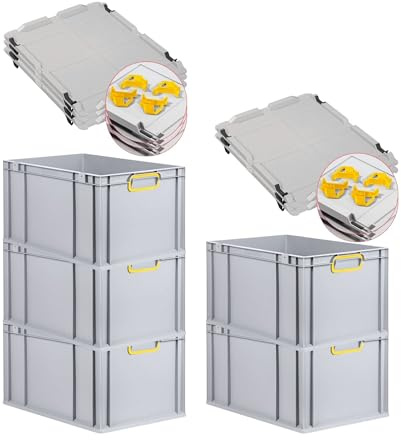 PROREGAL SuperSparSet 5x Eurobox NextGen Color mit Auflagedeckel & Schiebeschnappverschlüsse, HxBxT 32x40x60cm, 65L, Griffe gelb geschlossen, Verstärkter Boden, Eurobehälter Transportbox