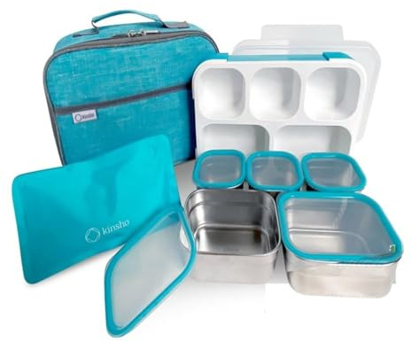 Kinsho Stainless Steel Kids Bento Lunch-Box with Lunch Bag Ice Pack for Toddler Adult Leak-Proof School Container Boxes Food Snack Containers Child Daycare Picnic, 5 Compartment 34 oz, Turquoise Blue
