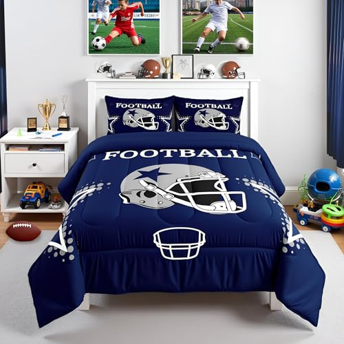 American Football Comforter Set King Size Rugby Helmets Bedding Set 3pcs for Kids Boys Teens Men Bedroom Decor Ball Sports Gaming Quilted Duvet Modern Grey Stars Print Duvet Insert,Navy Blue