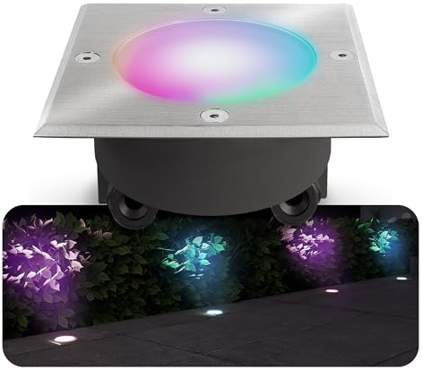 SSC-LUXon VIROK Bodeneinbaustrahler eckig IP67 Smart GX53 RGB befahrbar | Smarter Bodenspot eckig IP67 mit RGB - per App & Sprache, befahrbar, Wechselglas klar & milchig, WLAN ohne Hub, silber