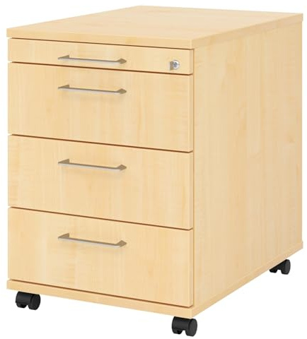 bümö Rollcontainer mit Schubladen, Container abschließbar aus Holz in Ahorn - Rollwagen für's Büro als Schreibtisch Unterschrank, Bürocontainer od. Schreibtischcontainer mit Bügelgriffe