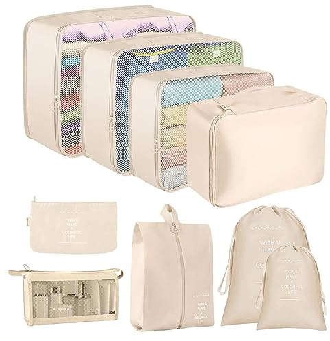 Packing Cubes for Suitcase,Lychico 9pcs Travel Luggage Packing Organizers Waterproof Travel Essentials Bag Clothes Shoes Storage Bags, Beige