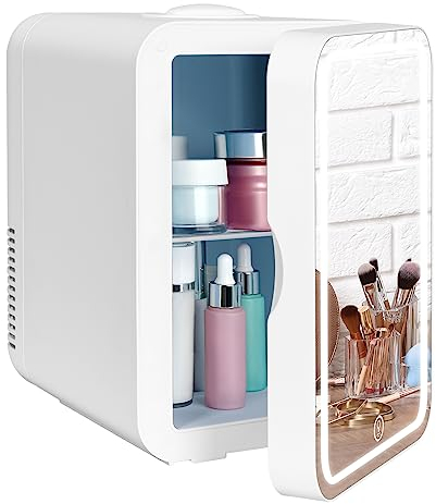 YU YUSING Nevera Pequeña para Maquillaje 8 L, Mini Nevera Cosmética con Espejo LED, Mini Frigorífico Pequeño con Función Frío y Calor, 12 V/220 V Portatil, para Coche Oficina Dormitorio, Blanco