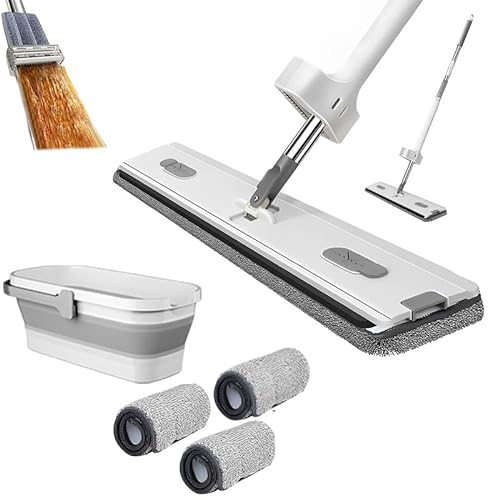 Großer Flachmop, Selbstreinigender Flachmopp Für Faule 360°Drehgelenk Bodenwischer Set Flacher Wischmopp Mit Auswringfunktion Freihand-Mopp Wischer Set Mit 3 Mikrofaser Wischpads (1 Mopp+3 Tücher)