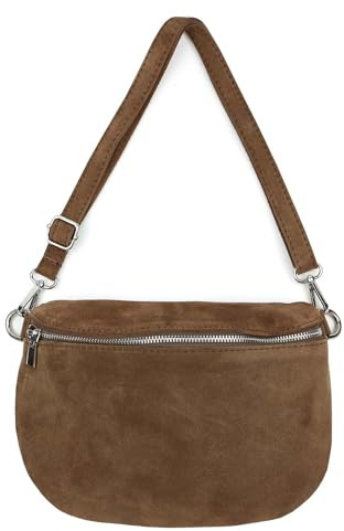 Made in Italy Damen Leder Tasche Brusttasche Gürteltasche Crossbody Hüfttasche Bauchtasche Umhängetasche Wildleder Crossover Schultertasche Handytasche Bodybag Taupe