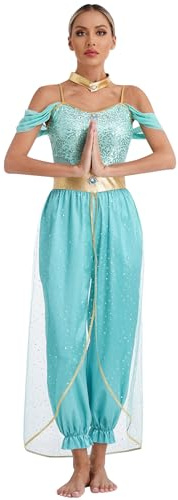 TTAO Damen Bauchtanz Outfits Orientalische Indische Verkleidung Gesichtsschleier Bauchtänzerin Halloween Karneval Fasching Party Tanzkleidung Türkis 3XL