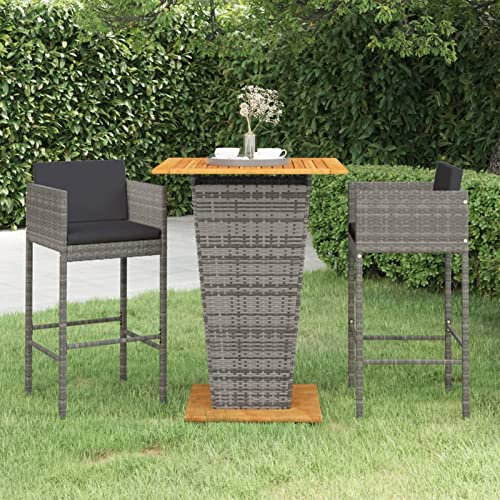 Tidyard 3-TLG.Gartenbar-Set Garten Bar Set Sitzgruppe Rattan Bar Tresen Theke Tisch Barset Garten Tisch Outdoor Gartenmöbel Set mit Kissen Poly Rattan Grau-3068