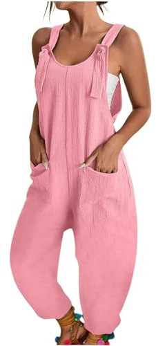 Azruma Latzhose Damen Arbeitshose, Hausanzug Damen Elegant Plissee Hose Damen Frauen Elegant Einfarbig Ärmellose Adjustable Bib Lang Jumpsuit Mit Taschen Damen Overall Elegant Jumpsuit (Rosa,XXL)
