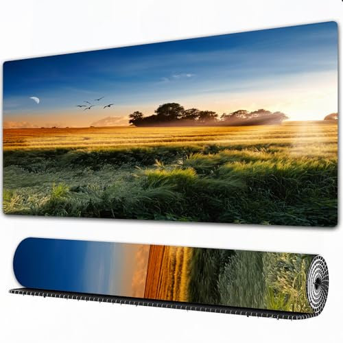 EOMKSE Mauspad Verlängertes großes Mauspad Schreibtischauflage,genähte Kanten Mauspad,Gummibasis,Foto von Wiesen im Morgenwind mit Himmel und Mond Landlandschaft Pastoral D,Gaming-Mauspad,30x80 cm