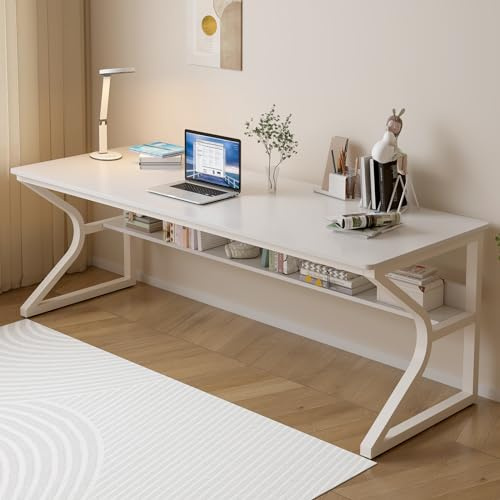 OSCHF Extra Long Desk with Bookshelf - 71 Double Long Writing Table for 2-Person Workstation, Modern Study Work Computer Desk for Home and Office, Warm White