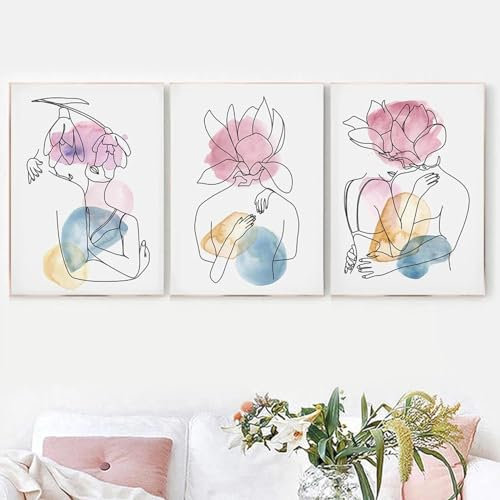 FOKTMS Abstrakte Frau Sexy Linie Begonie Blume Wandkunst Leinwandmalerei Nordische Plakate und Drucke Wandbilder Raumdekoration 40 x 60 cm x 3 Kein Rahmen
