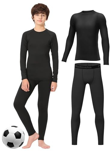 Rolimaka Ensemble de sous-vêtements thermiques pour garçons et enfants - Couche de base doublée en polaire (haut et pantalon) - Ensemble thermique pour ski et football, Noir , XS