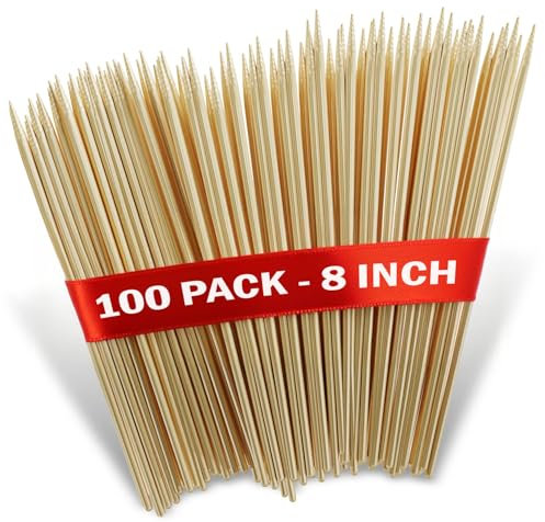 100pcs 8 Bamboo Skewers Sticks for BBQ Kabob Grilling Barbecue Marshmallow Roasting Smore Stick 4mm Thick Wooden Craft and More Size Choices 8/10/12/16 inch Long (8 inch)