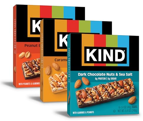 KIND Healthy Snacks Bars Variety Pack, Gluten Free, Low Sugar, High Fiber Snacks, Dark Chocolate Nuts & Sea Salt, Peanut Butter Dark Chocolate, Caramel Almond & Sea Salt, 6-7g Protein, 18 Count
