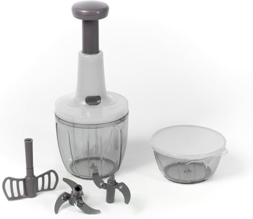 Meridiana CHEF ROTOR Mixer Tritatutto Manuale, 5 Lame Acciaio Inox, Trita Verdure, Frullatore Taglio di Cipolla, Tritaverdure, Press Chopper, Contenitore 900 + 500 ml (Bianco)