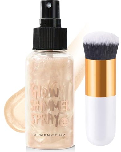 Body Shimmer Oil, Face & Body Glow Shimmer, Liquid Highlighter Spray, Hydrating Glow Lotion, Waterproof & Non-Sticky, Lightweight Skin Highlighter, Makeup Brush Include (Champagne Gold)