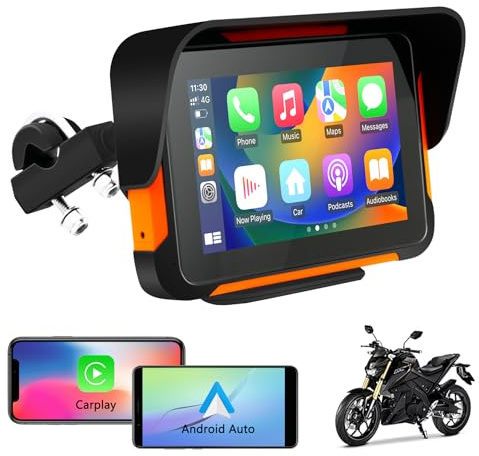 Car Stereo for Motorcycle, Universal Motorbike Wireless CarPlay & Android Auto GPS Navigation Dual Bluetooth, 5 Inch IPS Touchscreen Waterproof & Dustproof IP67 Navigator EQ System Voice Control