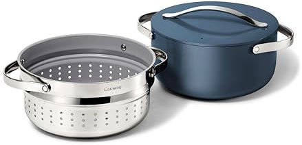 Caraway Nonstick Ceramic Dutch Oven Pot with Lid & Steamer (6.5 qt, 10.5) - Non Toxic, PTFE & PFOA Free - Oven Safe & Compatible with All Stovetops (Gas, Electric & Induction) - Navy
