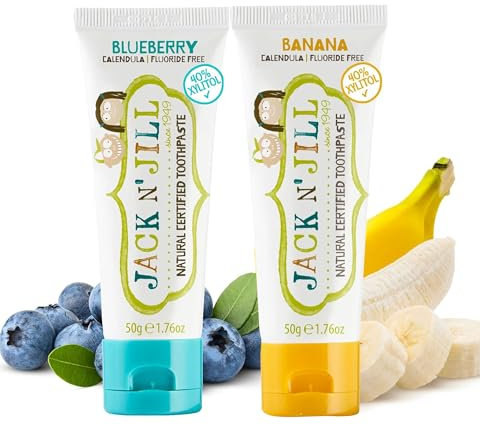 Jack N’ Jill Natural Certified Kids Toothpaste – Fluoride-Free Toddler & Baby Toothpaste with 40% Xylitol, No Sugar, Suitable from 6 Months+, Banana & Blueberry Flavour, Pack of 2 (50g Each)