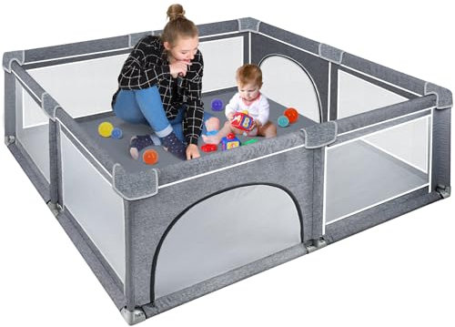 Kidsgigglz 150x180cm Laufstall Baby, Baby laufgitter 300D Oxford Gewebe Playpen Kinderzaun, Stabile Babys Gitter Laufstall mit Weichem Atmungsaktivem Netz, Grau