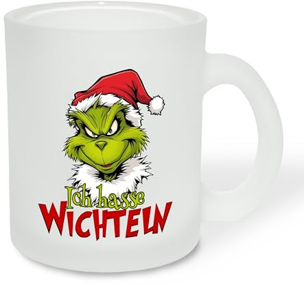 True Statements Geschenk für Glühwein-Fans: Glastasse „Ich hasse Wichteln“ mit Weihnachtsgrinch-Motiv - Geschenkidee zur Adventszeit | Weihnachtszeit - Glastasse satiniert, ca. 300ml
