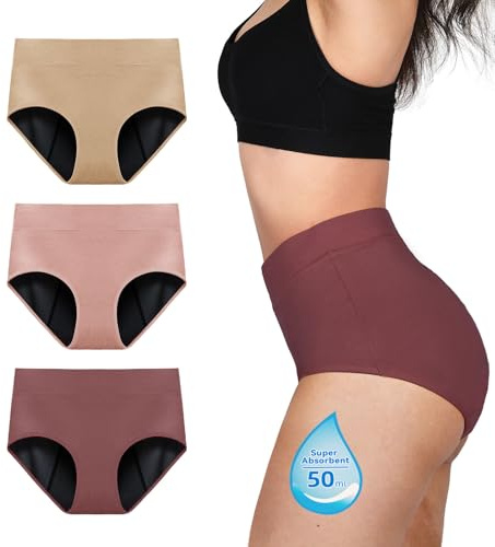 TIICHOO Bragas Menstruales Absorbentes Ropa Interior Mujer Periódico Braguitas de Protección Reglas Prueba de Fugas Lot de 3 (3XL, Marrón/Oro Rosa/Beige)