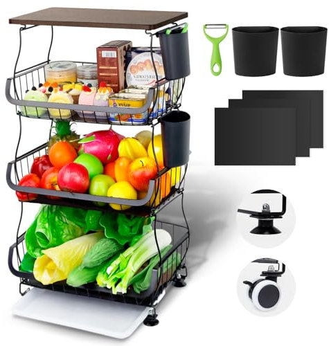 Wuciray Chariot de Cuisine avec Rangement Intégré pour legumes Corbeilles à Fruits sur roulettes Étagère de Rangement de Cuisine Ventilée Panier de Fruits Et legumes Empilable Corbeille de Fruits