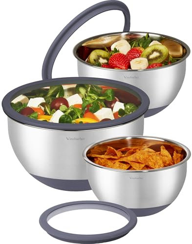 Winzbacher Ciotola in acciaio inox con coperchio in vetro, set da 3 pezzi, 1 l + 2,5 l + 4,5 l, ciotola per insalata, set di ciotole, antiscivolo, impilabile, lavabile in lavastoviglie